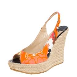 Pre Owned Jimmy Choo Multicolor Canvas Espadrille Wedge Slingback Sandals Size 38