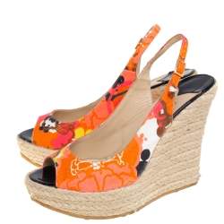 Pre Owned Jimmy Choo Multicolor Canvas Espadrille Wedge Slingback Sandals Size 38