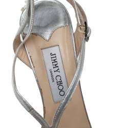 Pre Owned Jimmy Choo Metallic Silver Leather Ankle Strap Sandals Size 40