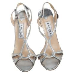 Pre Owned Jimmy Choo Metallic Silver Leather Ankle Strap Sandals Size 40