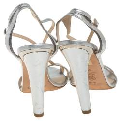 Pre Owned Jimmy Choo Metallic Silver Leather Ankle Strap Sandals Size 40