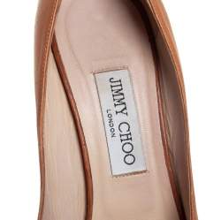 Pre Owned Jimmy Choo Tan Leather Wedge Peep Toe Pumps Size 39.5