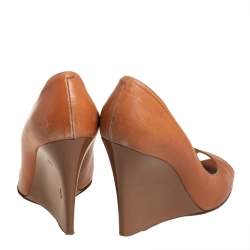 Pre Owned Jimmy Choo Tan Leather Wedge Peep Toe Pumps Size 39.5