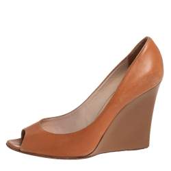 Pre Owned Jimmy Choo Tan Leather Wedge Peep Toe Pumps Size 39.5