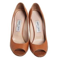 Pre Owned Jimmy Choo Tan Leather Wedge Peep Toe Pumps Size 39.5
