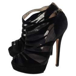 Pre Owned Jimmy Choo Black Suede And Net  Kerfield Peep Toe Platform Booties Size 37