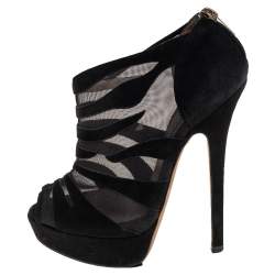 Pre Owned Jimmy Choo Black Suede And Net  Kerfield Peep Toe Platform Booties Size 37