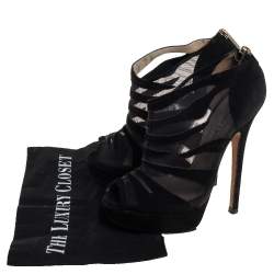 Pre Owned Jimmy Choo Black Suede And Net  Kerfield Peep Toe Platform Booties Size 37