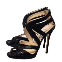 Pre Owned Jimmy Choo Black Glitter Suede Cutout Collar Peep Toe Sandals Size 39.5