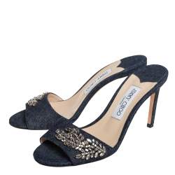 Pre Owned Jimmy Choo Blue Denim Stacey Crystal Embellished Slide Sandals Size 38