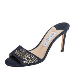 Pre Owned Jimmy Choo Blue Denim Stacey Crystal Embellished Slide Sandals Size 38