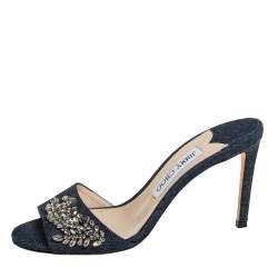Pre Owned Jimmy Choo Blue Denim Stacey Crystal Embellished Slide Sandals Size 38