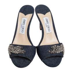 Pre Owned Jimmy Choo Blue Denim Stacey Crystal Embellished Slide Sandals Size 38