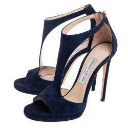 Pre Owned Jimmy Choo Navy Blue Suede Lana Open Toe Sandals Size 37.5
