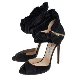 Pre Owned Jimmy Choo Black Suede Ruffle Ankle Strap Sandals Size 40