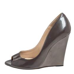 Jimmy Choo Grey Patent Leather Peep Toe Wedge Pumps Size 39.5