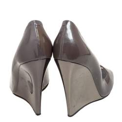 Jimmy Choo Grey Patent Leather Peep Toe Wedge Pumps Size 39.5