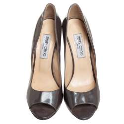 Jimmy Choo Grey Patent Leather Peep Toe Wedge Pumps Size 39.5
