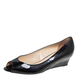 Pre Owned Jimmy Choo Brown Patent Leather Wedge Peep Toe Pumps Size 42 