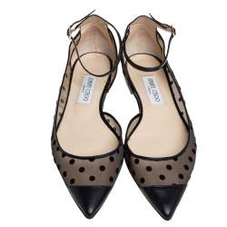 مملوكة مسبقًا حذاء باليرينا فلات جيمي تشو لوسي شبك منقط بولكا دوت و جلد أسود مقاس 40