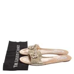 Pre Owned صندل سلايد فلات جيمي تشو غليتر فضي وقماش لاميه مزخرف مقاس 41.5