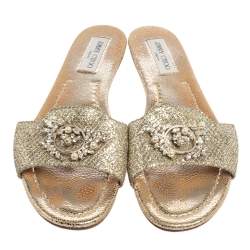 Pre Owned صندل سلايد فلات جيمي تشو غليتر فضي وقماش لاميه مزخرف مقاس 41.5