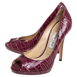 Jimmy Choo Burgundy Croc Embossed Leather  Peep Toe Pumps Size 39