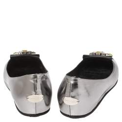 Pre Owned Jimmy Choo Metallic Grey Leather Crystal Embellished Gemini Flats Size 38.5