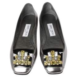 Pre Owned Jimmy Choo Metallic Grey Leather Crystal Embellished Gemini Flats Size 38.5