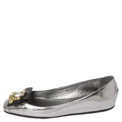 Pre Owned Jimmy Choo Metallic Grey Leather Crystal Embellished Gemini Flats Size 38.5