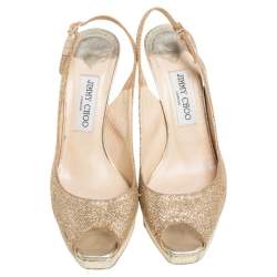 Jimmy Choo Gold Glitter Fabric Nova Peep Toe Platform Slingback Sandals Size 39