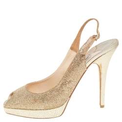 Jimmy Choo Gold Glitter Fabric Nova Peep Toe Platform Slingback Sandals Size 39