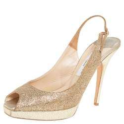 Jimmy Choo Gold Glitter Fabric Nova Peep Toe Platform Slingback Sandals Size 39