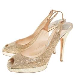 Jimmy Choo Gold Glitter Fabric Nova Peep Toe Platform Slingback Sandals Size 39