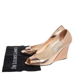 Pre Owned Jimmy Choo Metallic Rose Gold Leather Wedge Peep Toe Pumps Size 40.5