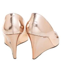 Pre Owned Jimmy Choo Metallic Rose Gold Leather Wedge Peep Toe Pumps Size 40.5