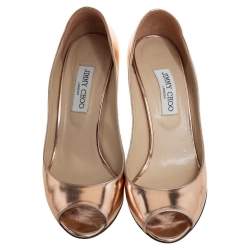 Pre Owned Jimmy Choo Metallic Rose Gold Leather Wedge Peep Toe Pumps Size 40.5
