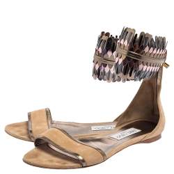 Pre Owned Jimmy Choo Beige Suede Kimro Fringe Ankle Cuff Flat Sandals Size 38.5