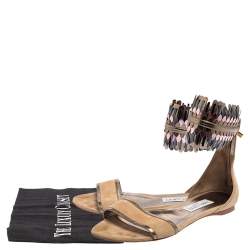 Pre Owned Jimmy Choo Beige Suede Kimro Fringe Ankle Cuff Flat Sandals Size 38.5