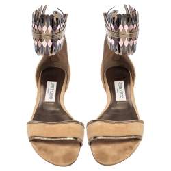Pre Owned Jimmy Choo Beige Suede Kimro Fringe Ankle Cuff Flat Sandals Size 38.5