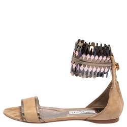 Pre Owned Jimmy Choo Beige Suede Kimro Fringe Ankle Cuff Flat Sandals Size 38.5
