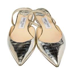 Pre Owned Jimmy Choo Metallic Gold Croc Embossed Leather Genoa Pointed Toe Mules Size 39