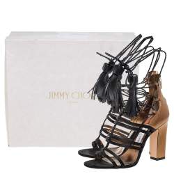 Pre Owned Jimmy Choo Black/Gold Satin and Patent Leather Diamond Ankle Tie Up Sandals Size 36.5