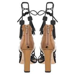 Pre Owned Jimmy Choo Black/Gold Satin and Patent Leather Diamond Ankle Tie Up Sandals Size 36.5