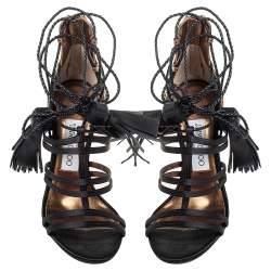 Pre Owned Jimmy Choo Black/Gold Satin and Patent Leather Diamond Ankle Tie Up Sandals Size 36.5