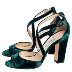 Pre Owned Jimmy Choo Green Velvet Carrie Ankle Strap Sandals Size 38
