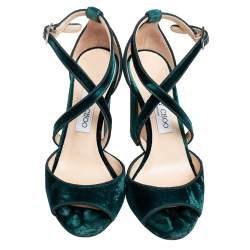 Pre Owned Jimmy Choo Green Velvet Carrie Ankle Strap Sandals Size 38