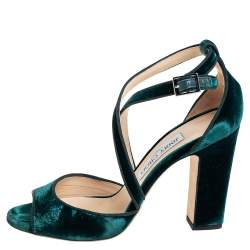 Pre Owned Jimmy Choo Green Velvet Carrie Ankle Strap Sandals Size 38