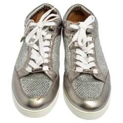 Jimmy Choo Silver Leather And Glitter Miami Low Top Sneakers Size 39 