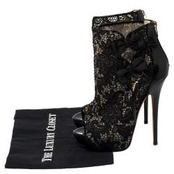 Pre Owned Jimmy Choo Black Lace And Patent Leather Bow Peep Toe Platform Booties Size 39